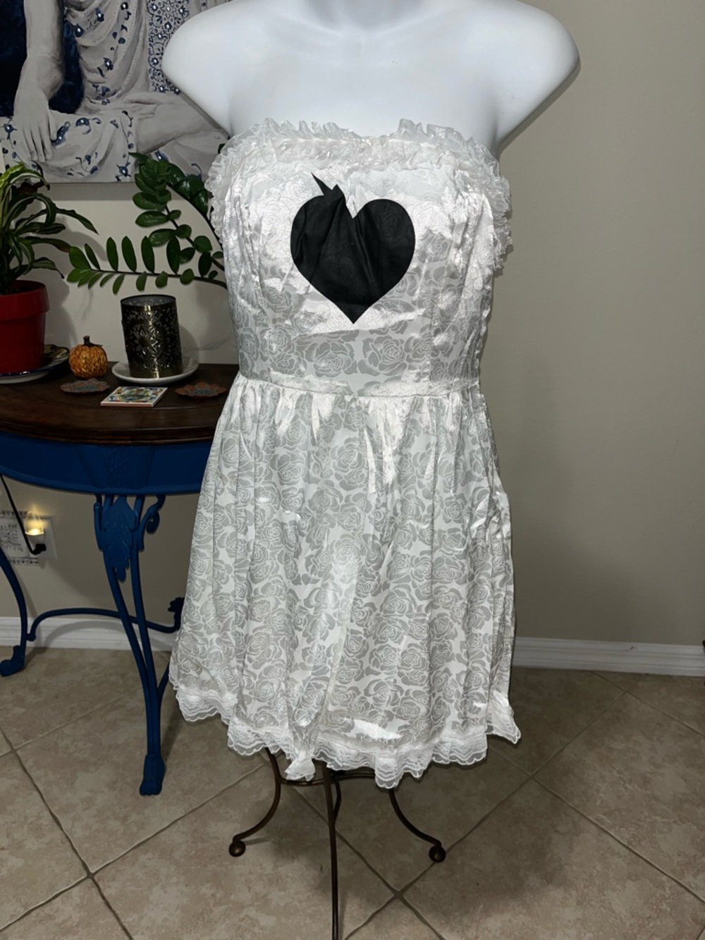 NWT Cider Gothic White Strapless Mini Dress - Rose Pattern & Black Heart S